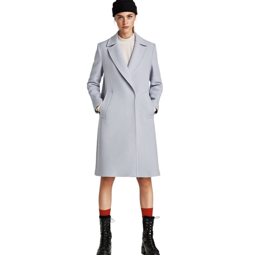 Zara Women's Light Baby Blue Wool Pea Coat Mid-Length Long Size Medium